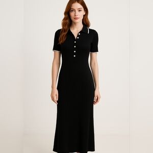 Merokeety Black Ribbed Knit Collared Button Front Dress Size XL Maxi NWT